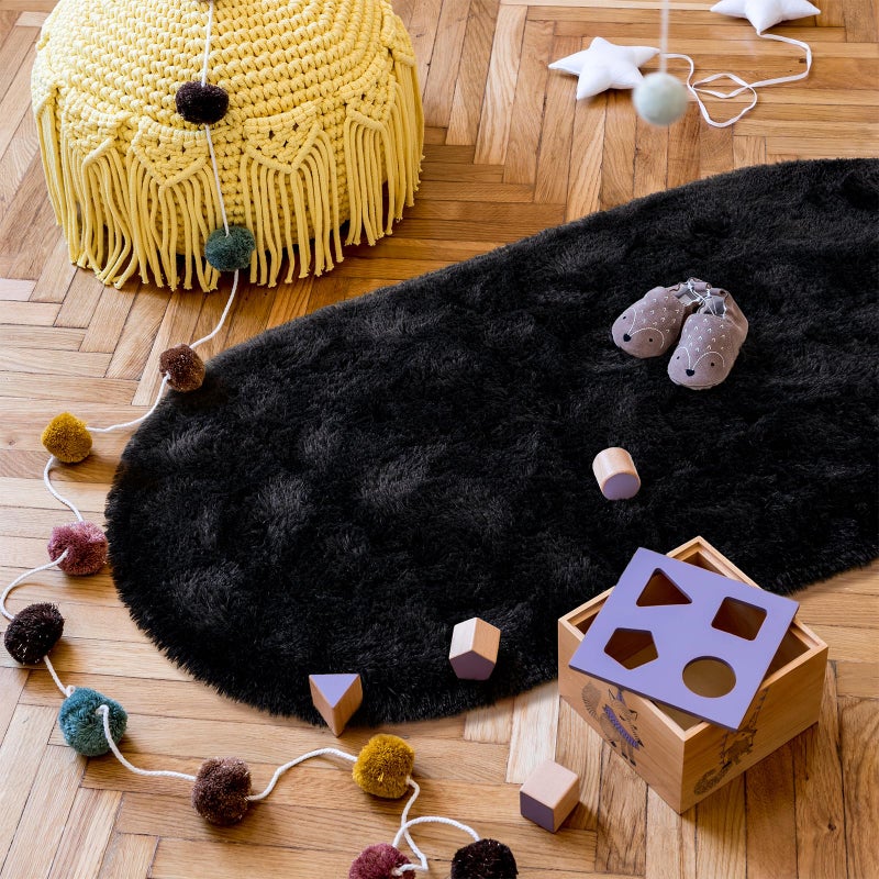 Goideal Fluffy Bedroom Rug, Small Oval Area Rugs, Black Shag Bedside Carpet for Kids Room Nursery Dorm Cute Fuzzy Indoor Decor for Boy and Girl, 2.6 x 5.3 Feet - Image 5